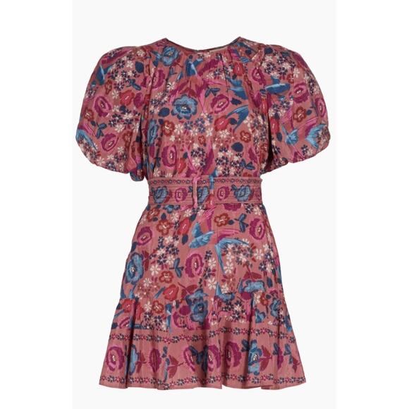 FARM RIO Pink Blush Floral Birds blue puff sleeve cotton blend mini dress - Picture 1 of 15